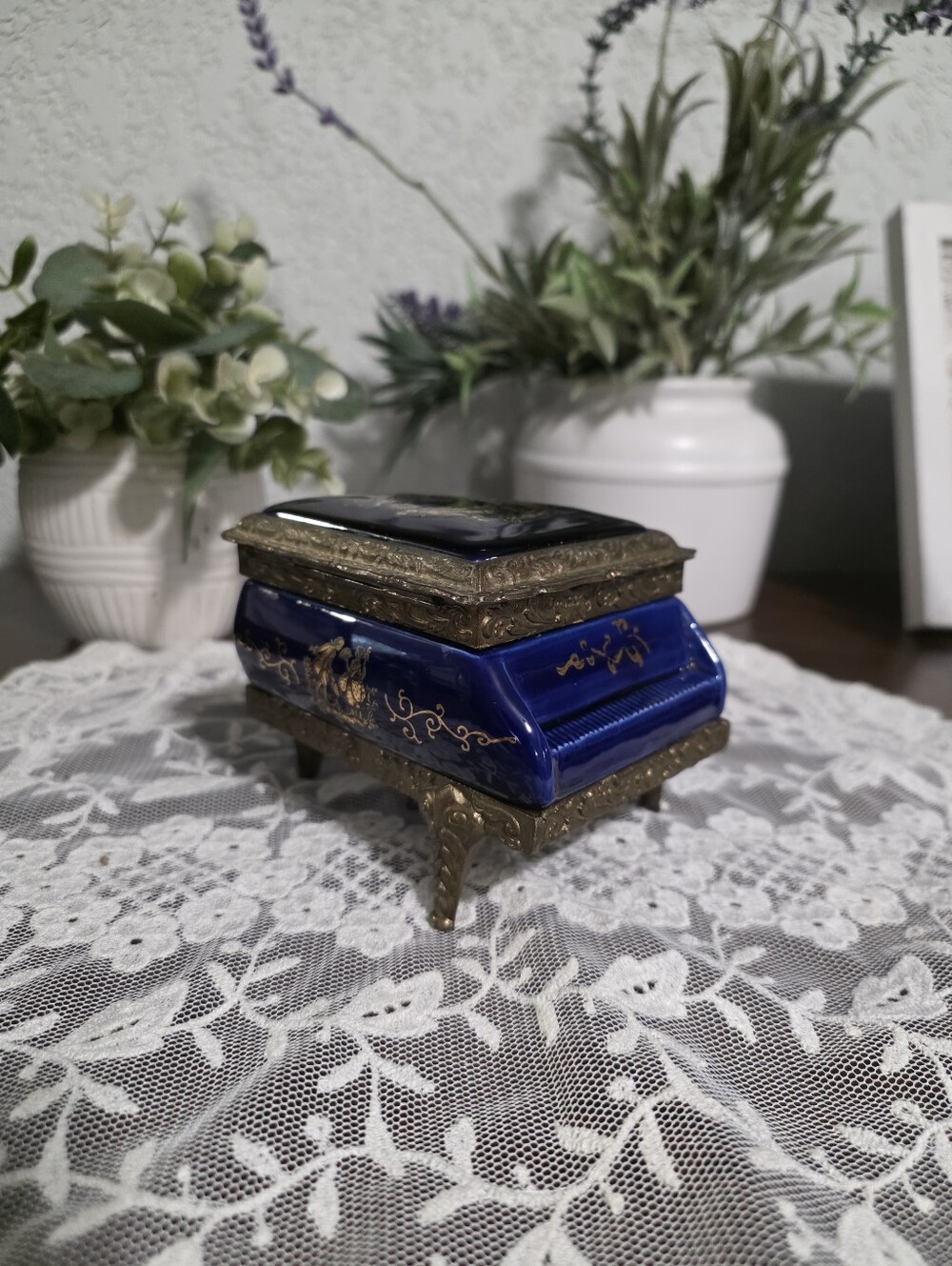 Ornate Cobalt Blue Decorative Music Box with Gold Accents